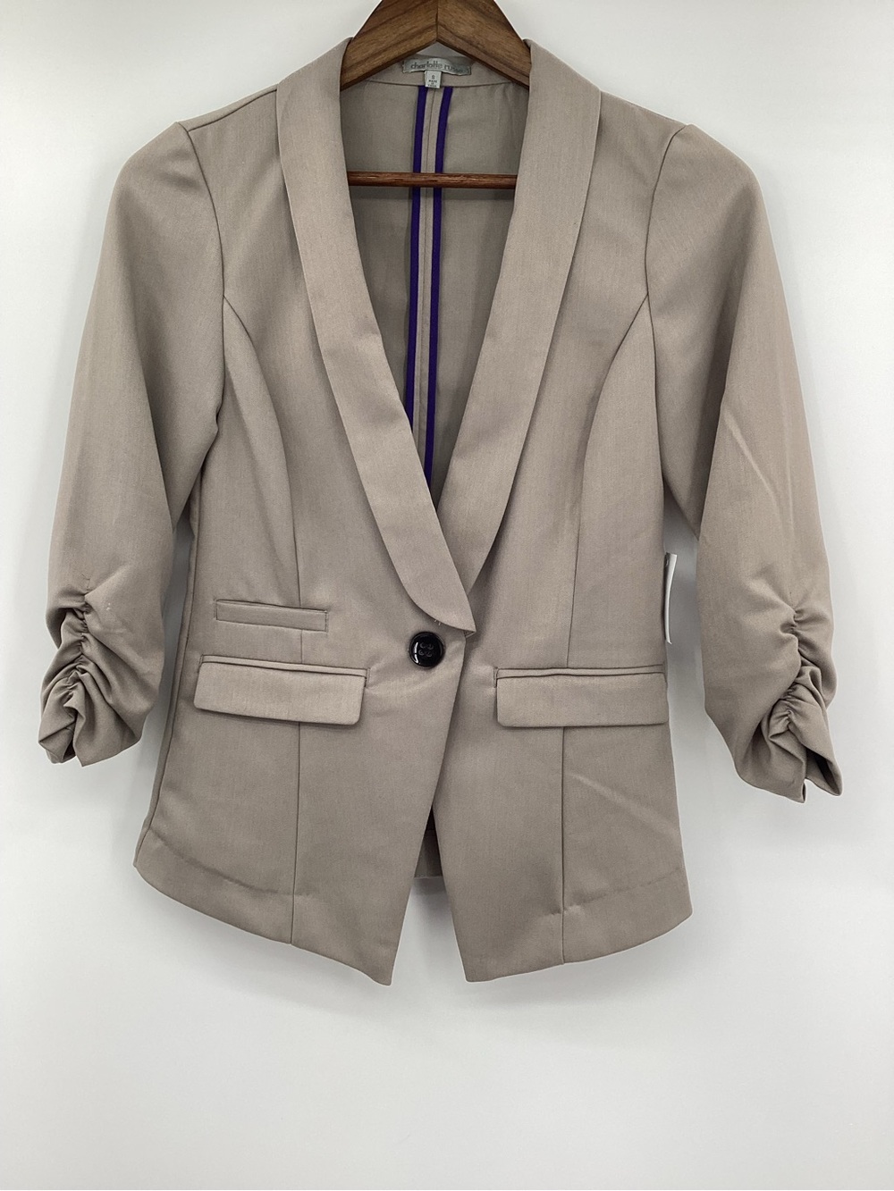 Charlotte Russe Taupe Single-Button Ruched-Sleeve Blazer